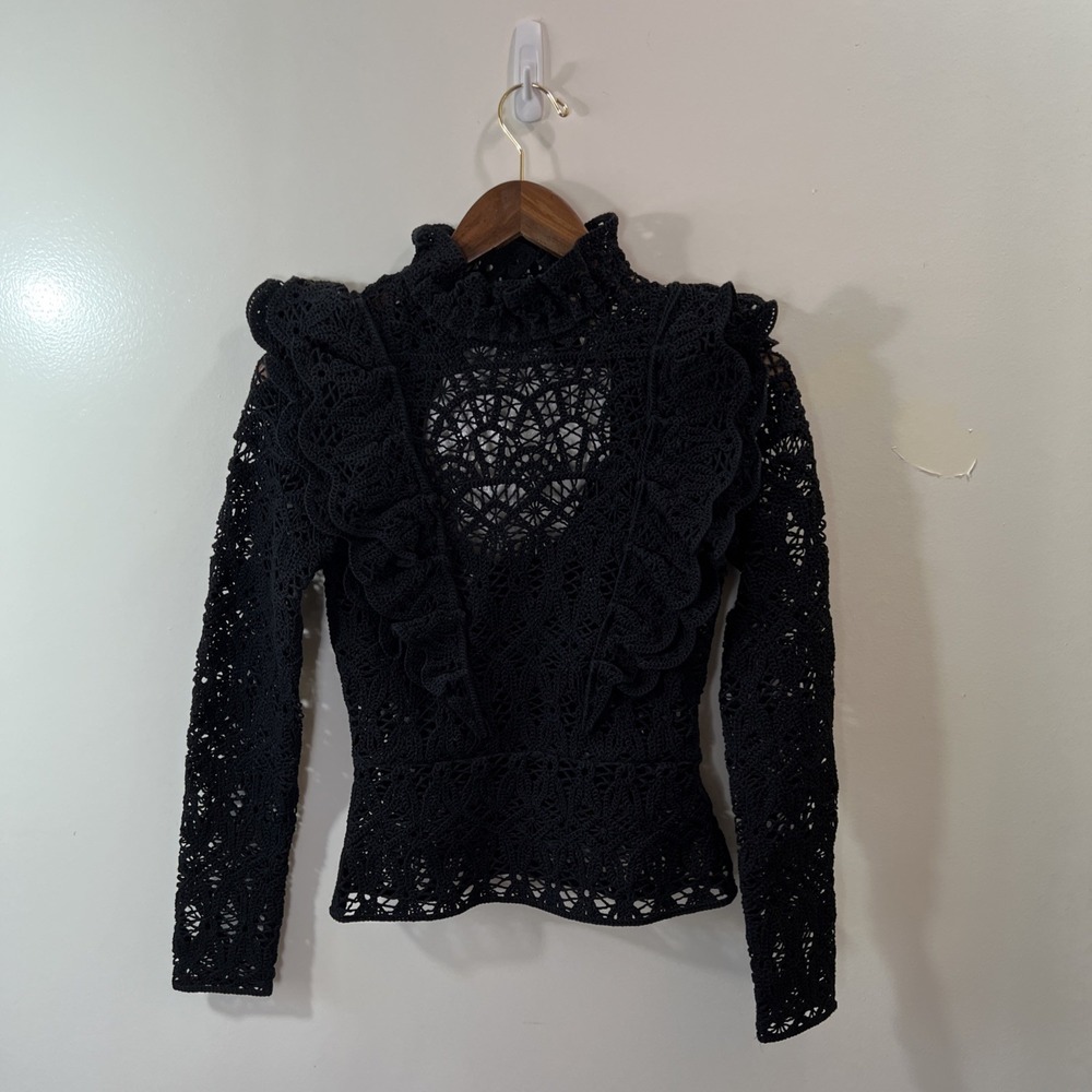 H&M Womens Crochet High Neck Blouse XS Edwardian Ruffle Puff Sleeve Romantic NWT